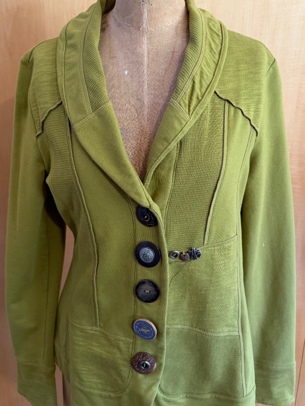 Neon Buddha Knit Olive Green Jacket with Vintage Buttons